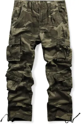OCHENTA Men's Cotton Casual Cargo Work Pants Baggy Camo Tactical Combat Trousers with 8 Pockets (No Belt)