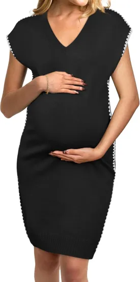 OUGES Summer Maternity RIC Rac Dress Cap Sleeve V Neck Knit Casual Mini Sweater Dress Business Outfits for Women 2025