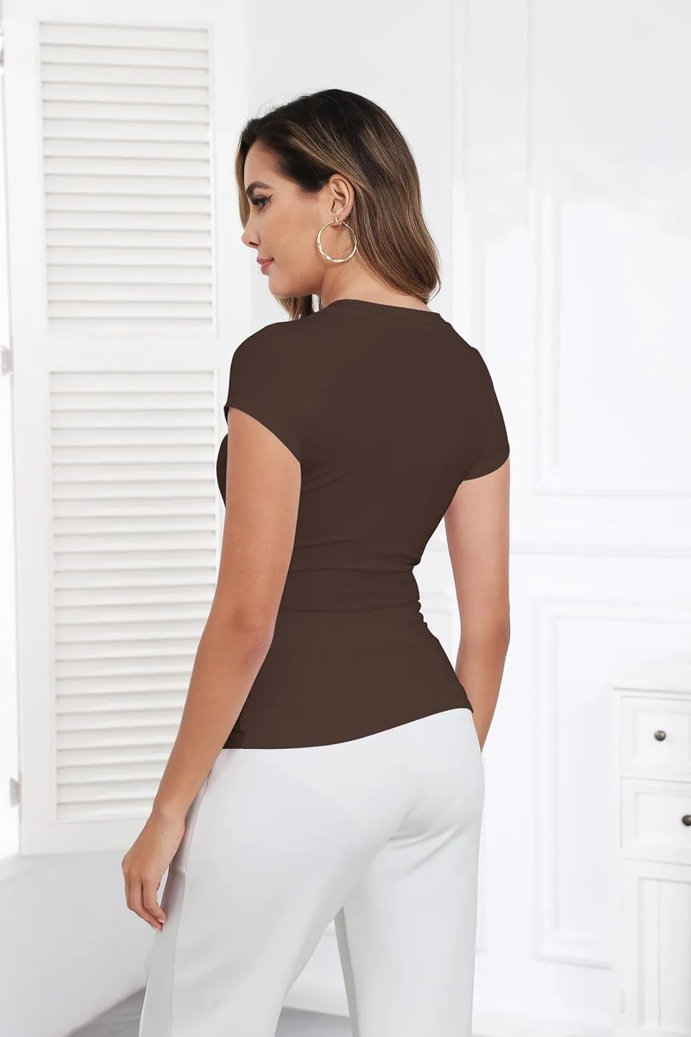 PALINDA Women's V Neck Fitted Shirts Basic Casual Stretchy T Shirt Short Sleeve Summer Tops