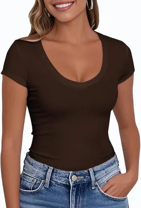 PALINDA Women's V Neck Fitted Shirts Basic Casual Stretchy T Shirt Short Sleeve Summer Tops