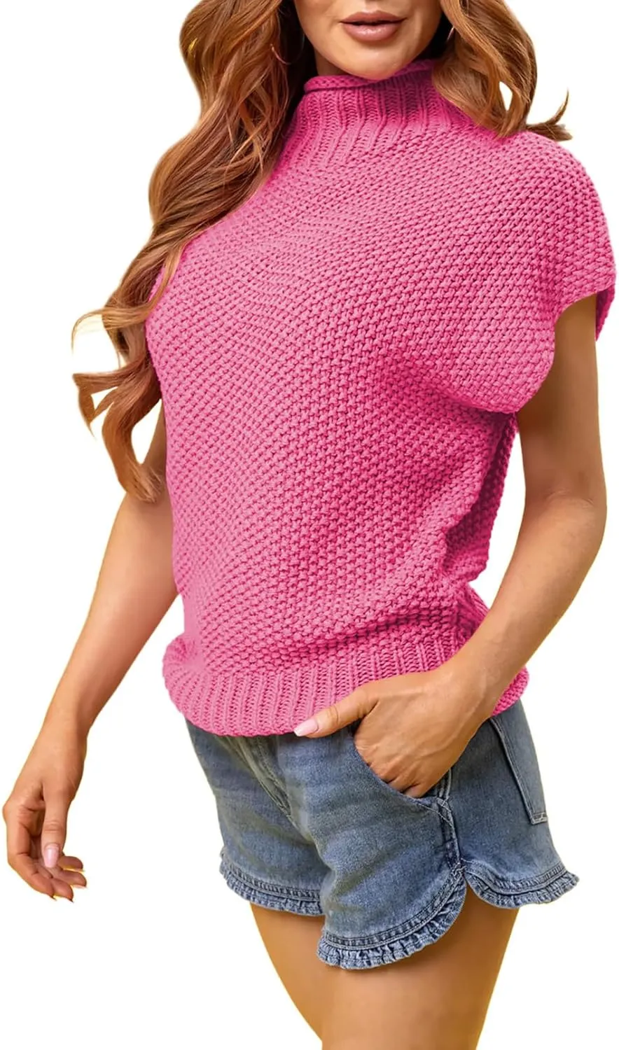 Pink Queen Women's 2025 Spring Mock Neck Sweater Vest Cap Sleeve Pullover Knit Tops