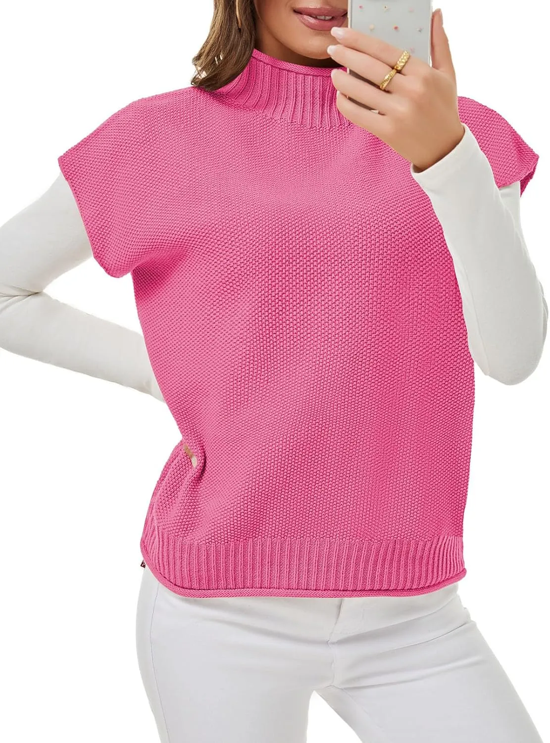 Pink Queen Women's 2025 Spring Mock Neck Sweater Vest Cap Sleeve Pullover Knit Tops