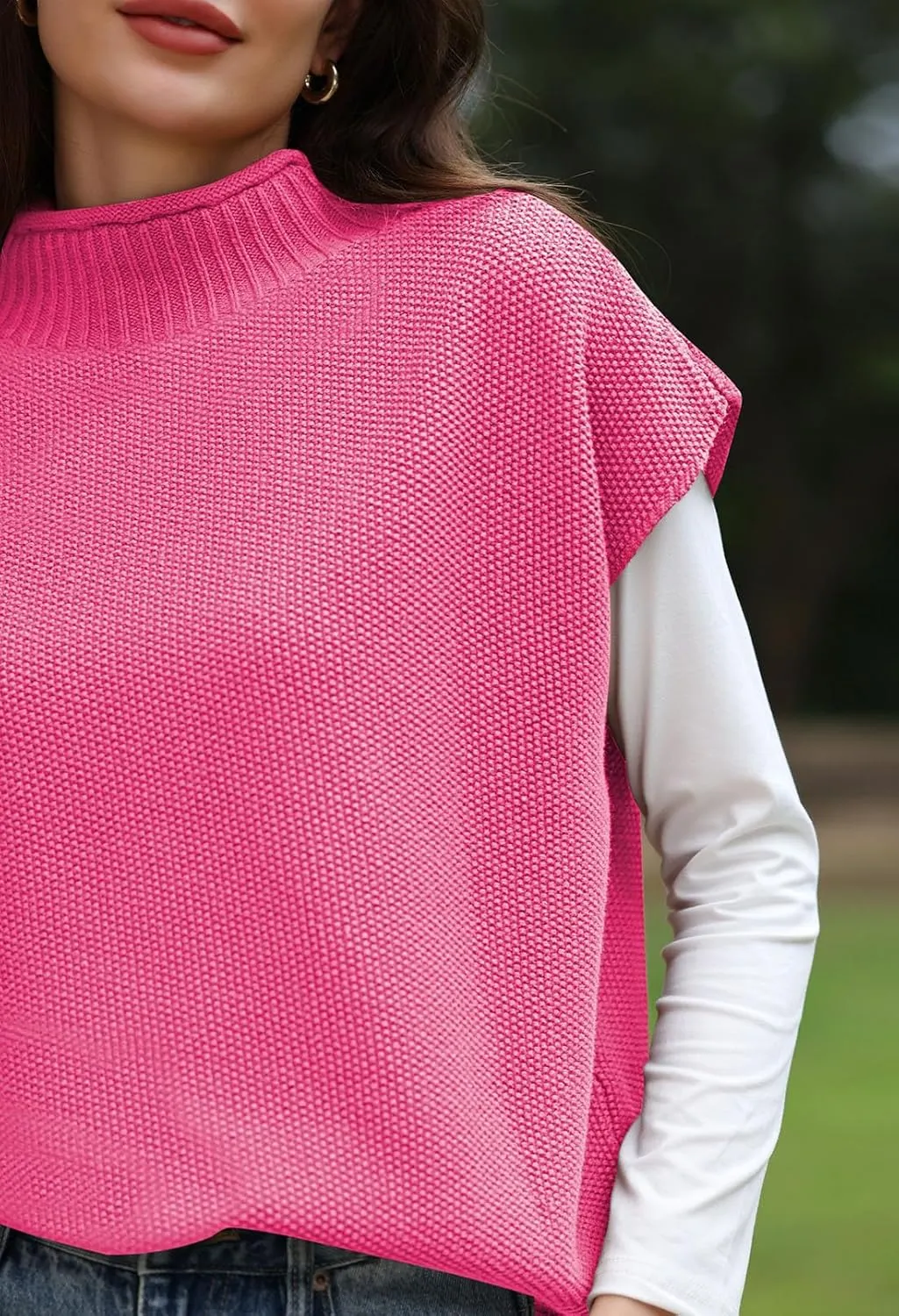 Pink Queen Women's 2025 Spring Mock Neck Sweater Vest Cap Sleeve Pullover Knit Tops