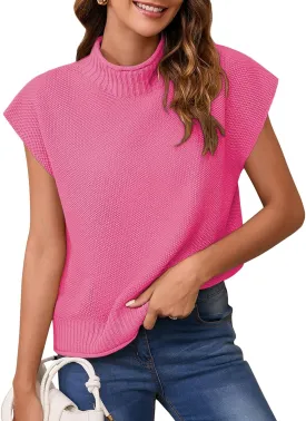 Pink Queen Women's 2025 Spring Mock Neck Sweater Vest Cap Sleeve Pullover Knit Tops