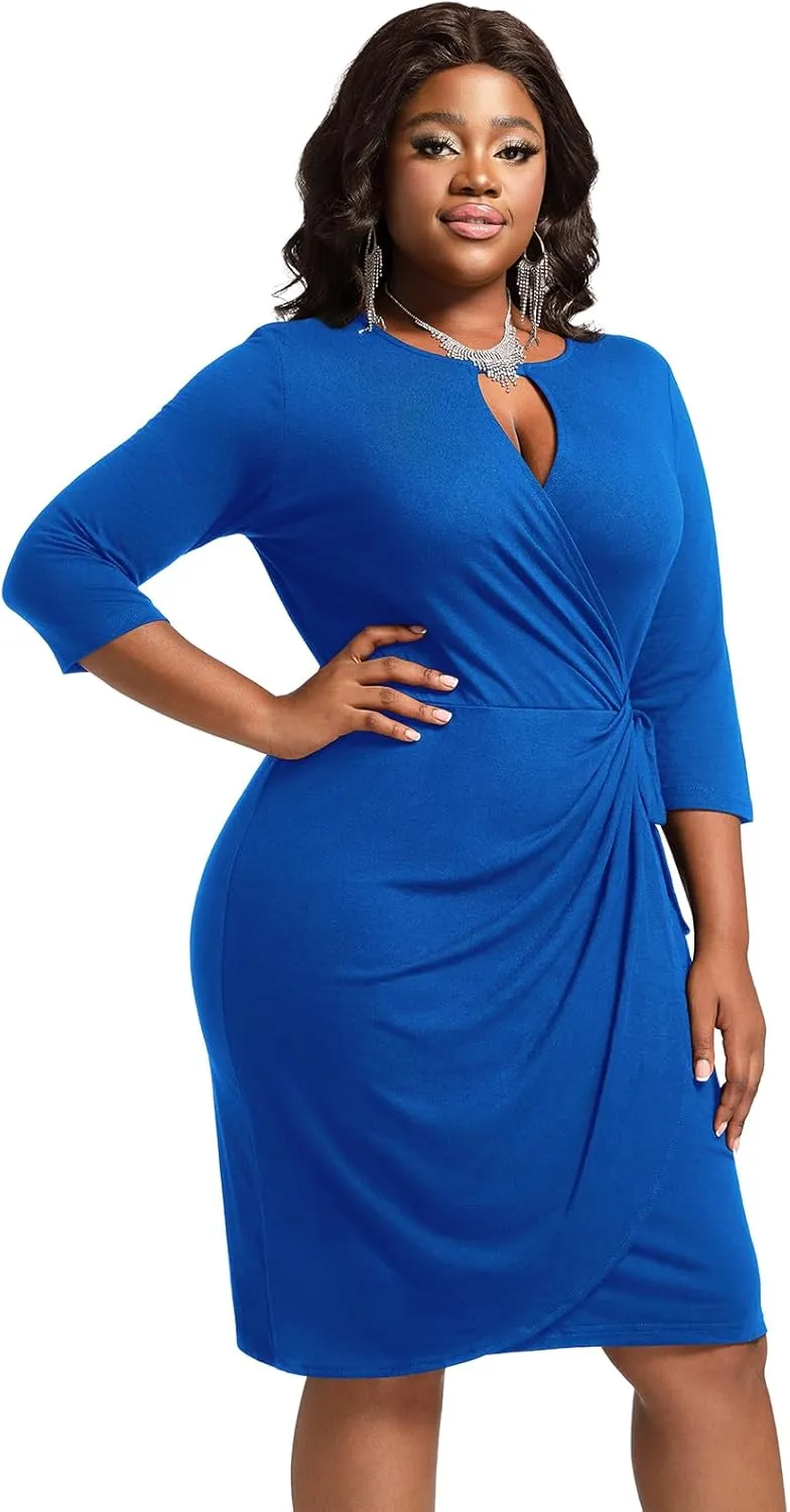 Plus Size Faux Wrap Bodycon Dress for Curvy Women Keyhole 3/4 Sleeve Sexy Cocktail Midi Wedding Guest Dresses