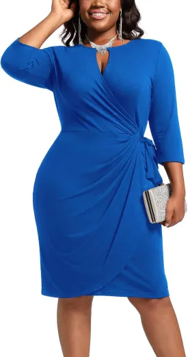 Plus Size Faux Wrap Bodycon Dress for Curvy Women Keyhole 3/4 Sleeve Sexy Cocktail Midi Wedding Guest Dresses
