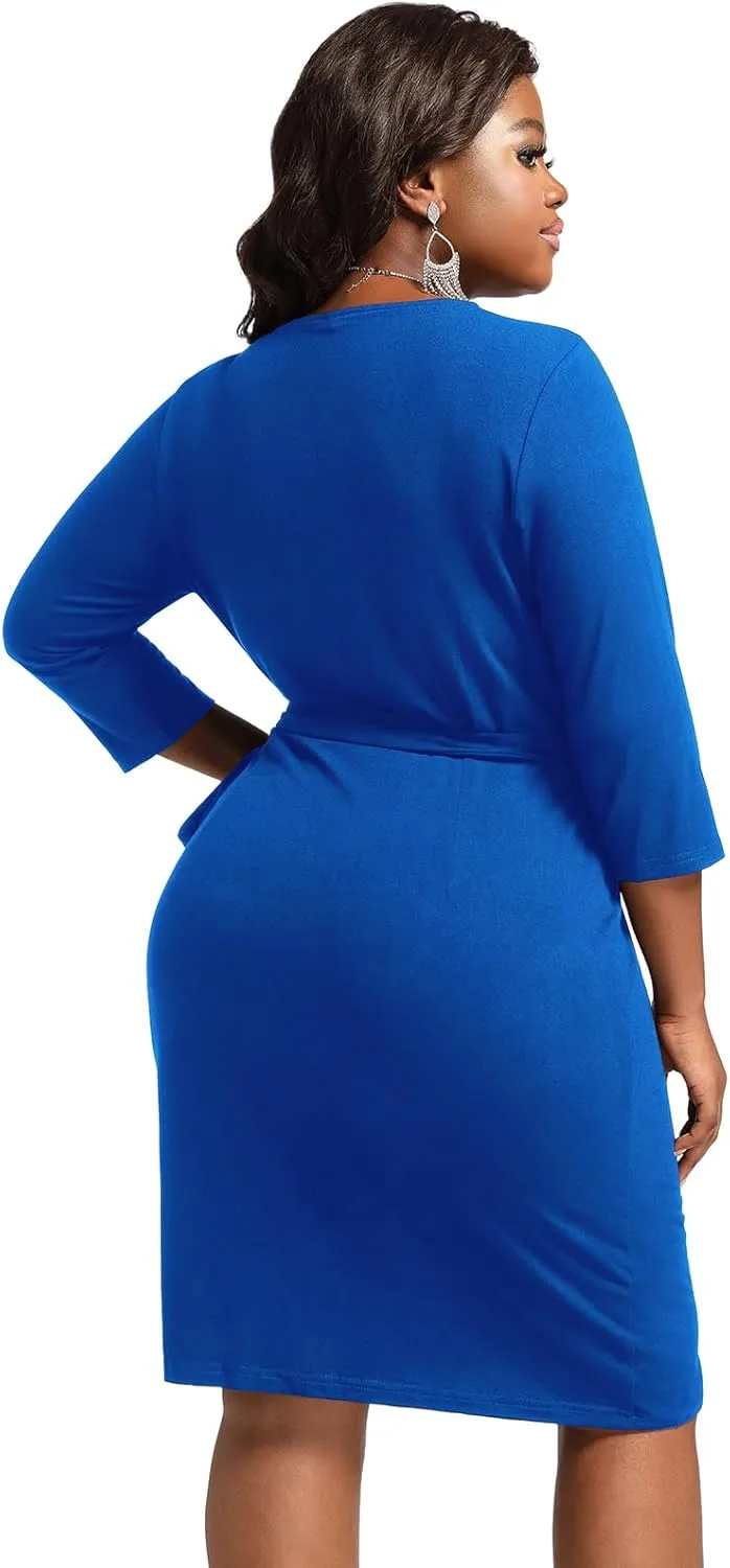 Plus Size Faux Wrap Bodycon Dress for Curvy Women Keyhole 3/4 Sleeve Sexy Cocktail Midi Wedding Guest Dresses