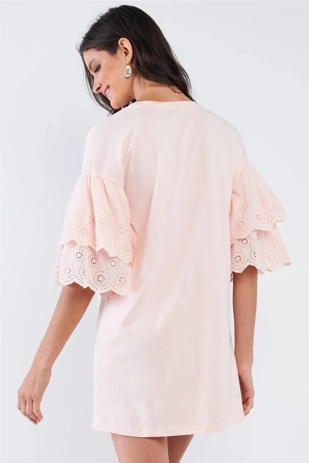 Powder Pink Cotton Loose Fit Crew-Neck Tunic Mini Dress With Layered Crochet Embroidered Scalloped Hem Sleeve
