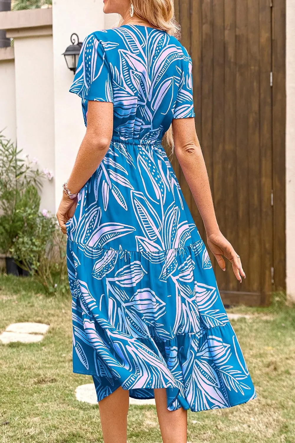 PRETTYGARDEN Summer Floral Dress for Women 2025 Casual Boho Short Sleeve Maxi Dresses V Neck Tiered Flowy Beach Sundress
