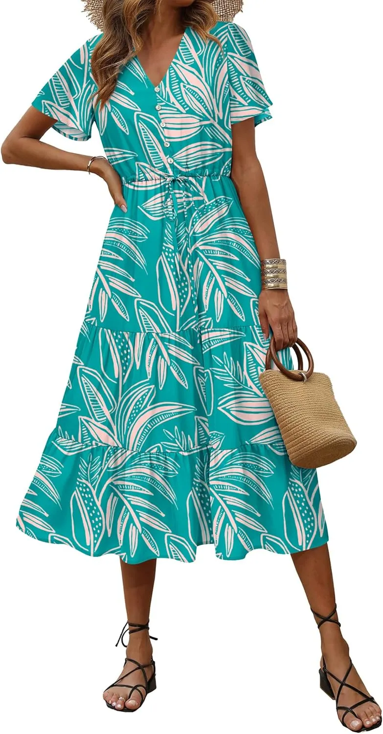 PRETTYGARDEN Summer Floral Dress for Women 2025 Casual Boho Short Sleeve Maxi Dresses V Neck Tiered Flowy Beach Sundress