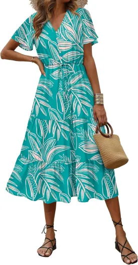 PRETTYGARDEN Summer Floral Dress for Women 2025 Casual Boho Short Sleeve Maxi Dresses V Neck Tiered Flowy Beach Sundress