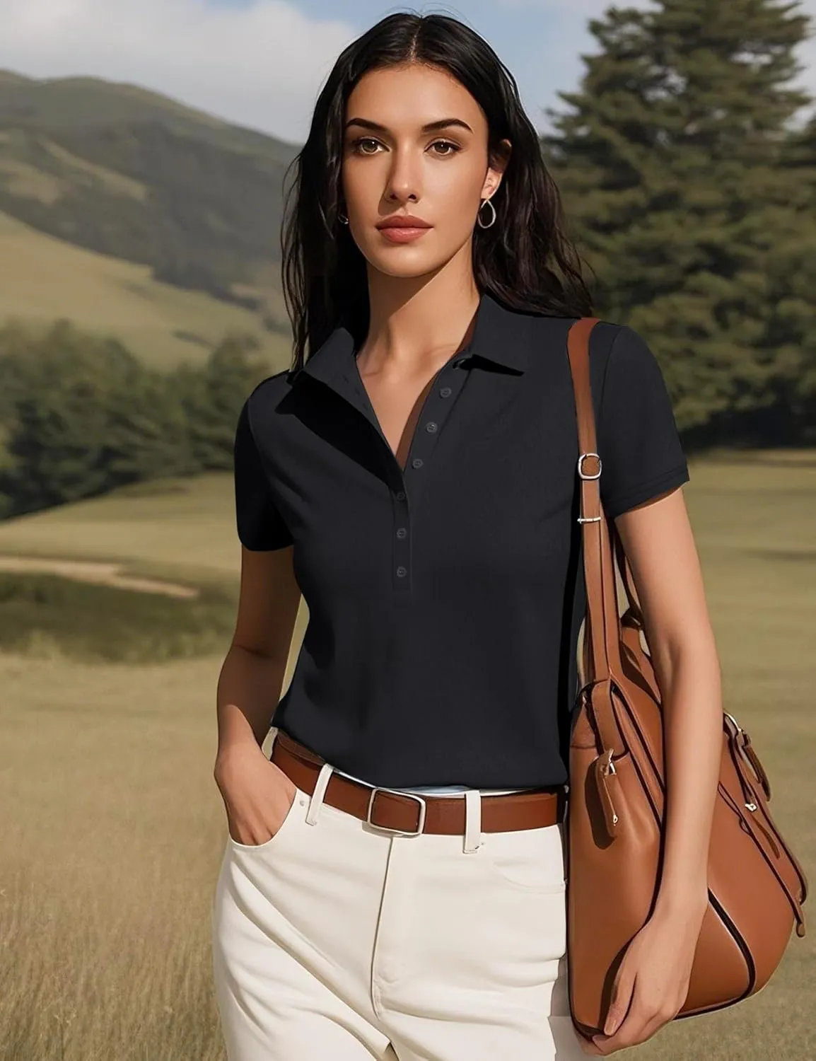 Prettywear Womens Short Sleeve V Neck Polo Shirts Dressy Casual Work Collared Button Summer Slim Fit Tops