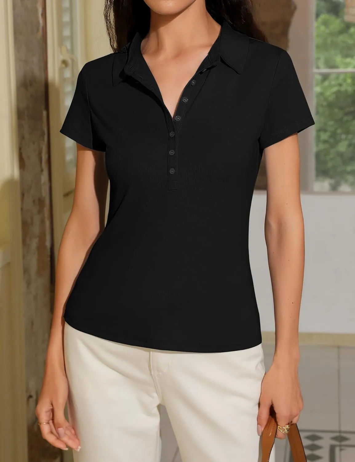 Prettywear Womens Short Sleeve V Neck Polo Shirts Dressy Casual Work Collared Button Summer Slim Fit Tops