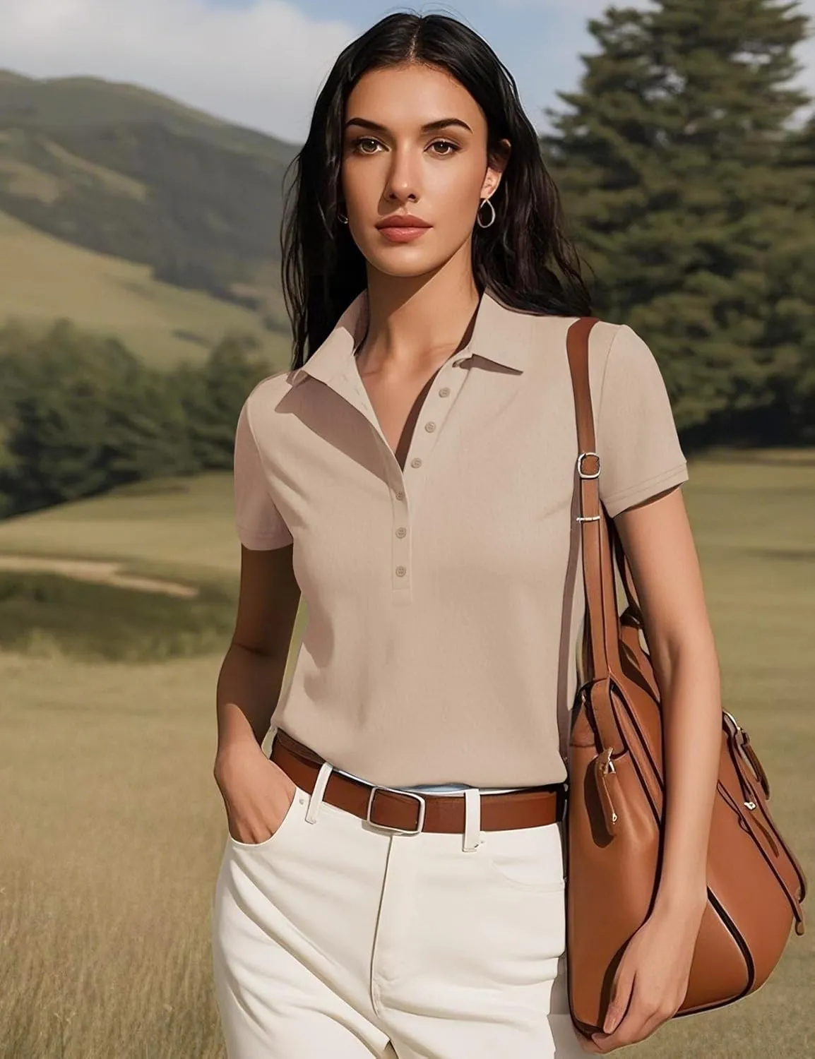 Prettywear Womens Short Sleeve V Neck Polo Shirts Dressy Casual Work Collared Button Summer Slim Fit Tops