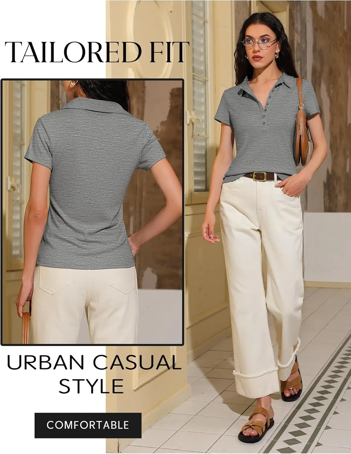 Prettywear Womens Short Sleeve V Neck Polo Shirts Dressy Casual Work Collared Button Summer Slim Fit Tops