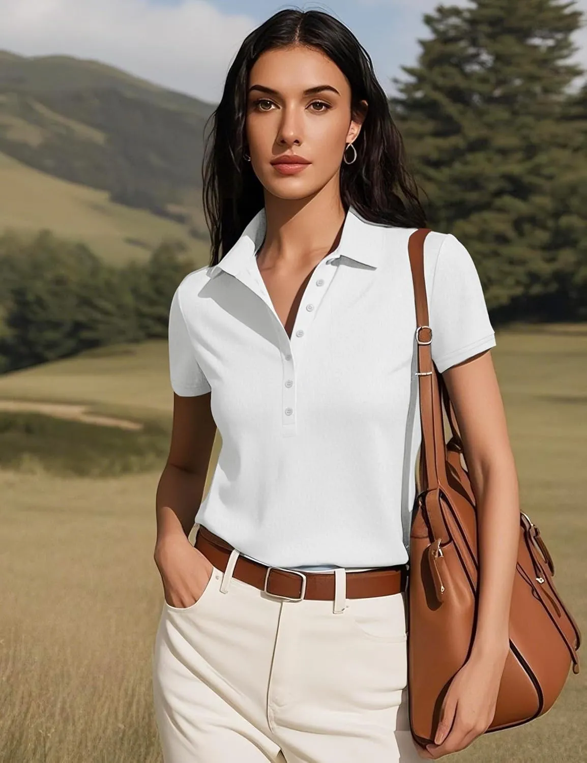 Prettywear Womens Short Sleeve V Neck Polo Shirts Dressy Casual Work Collared Button Summer Slim Fit Tops
