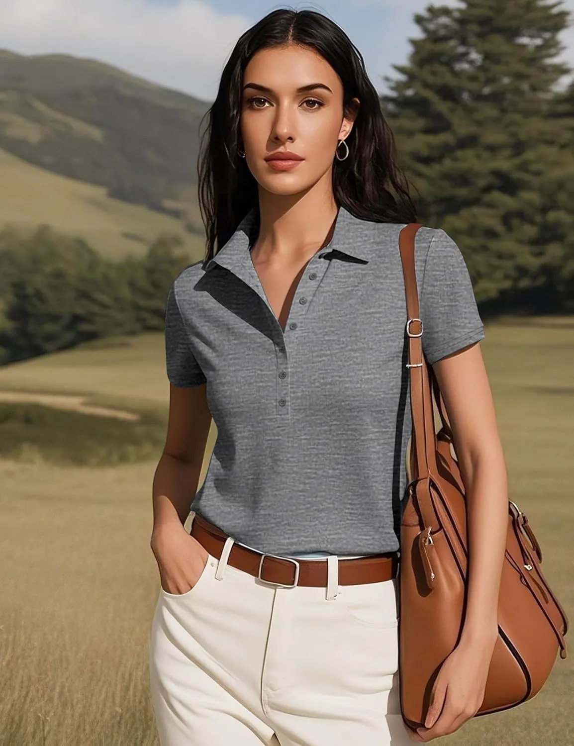 Prettywear Womens Short Sleeve V Neck Polo Shirts Dressy Casual Work Collared Button Summer Slim Fit Tops