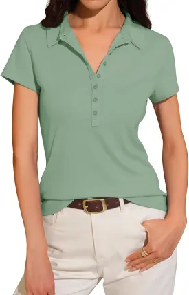 Prettywear Womens Short Sleeve V Neck Polo Shirts Dressy Casual Work Collared Button Summer Slim Fit Tops