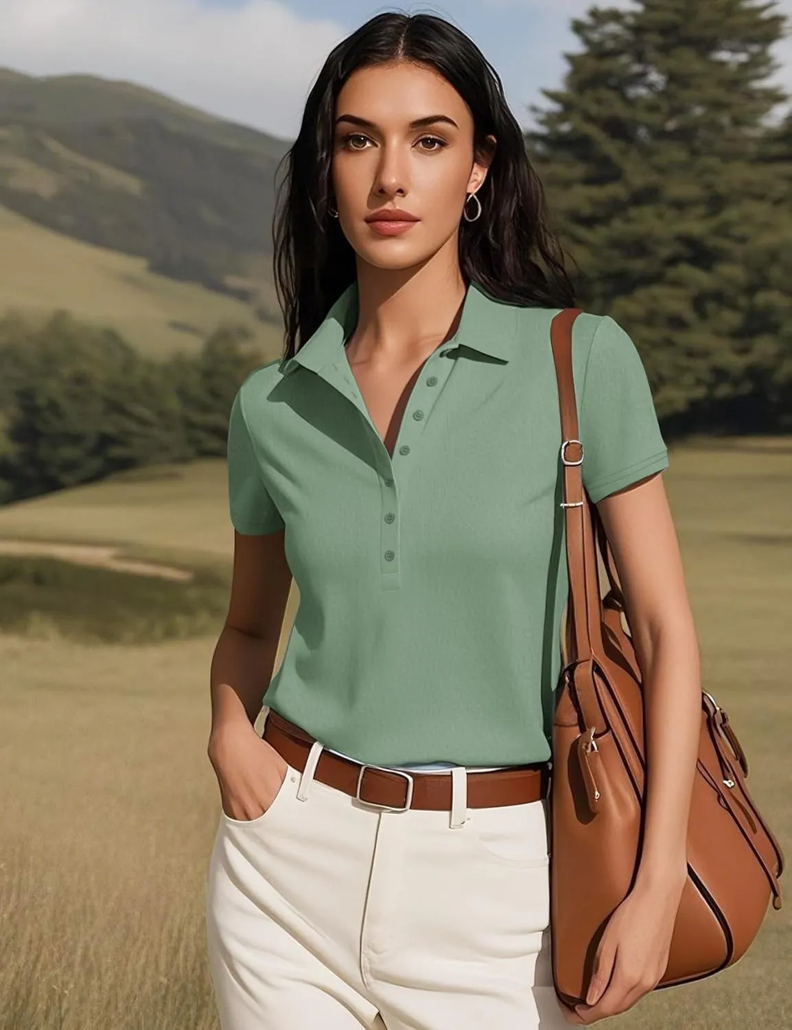 Prettywear Womens Short Sleeve V Neck Polo Shirts Dressy Casual Work Collared Button Summer Slim Fit Tops