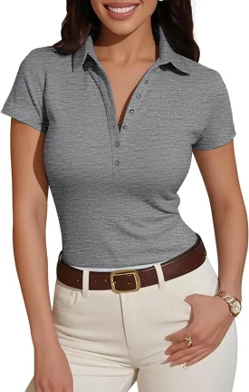Prettywear Womens Short Sleeve V Neck Polo Shirts Dressy Casual Work Collared Button Summer Slim Fit Tops