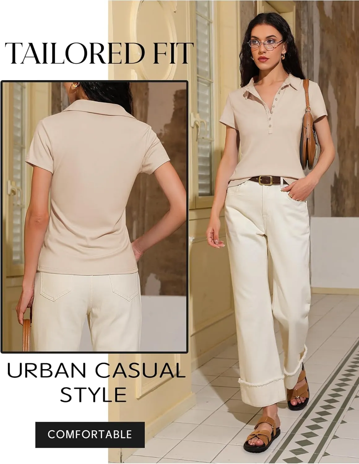 Prettywear Womens Short Sleeve V Neck Polo Shirts Dressy Casual Work Collared Button Summer Slim Fit Tops