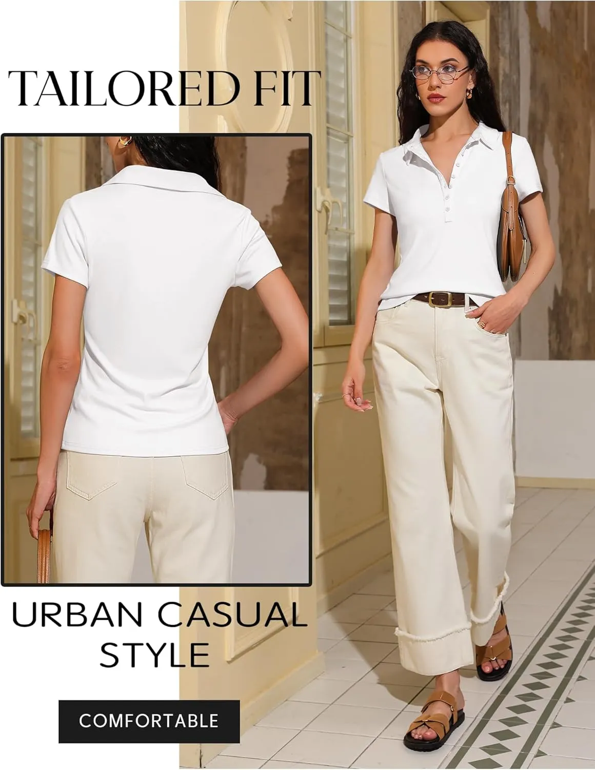 Prettywear Womens Short Sleeve V Neck Polo Shirts Dressy Casual Work Collared Button Summer Slim Fit Tops