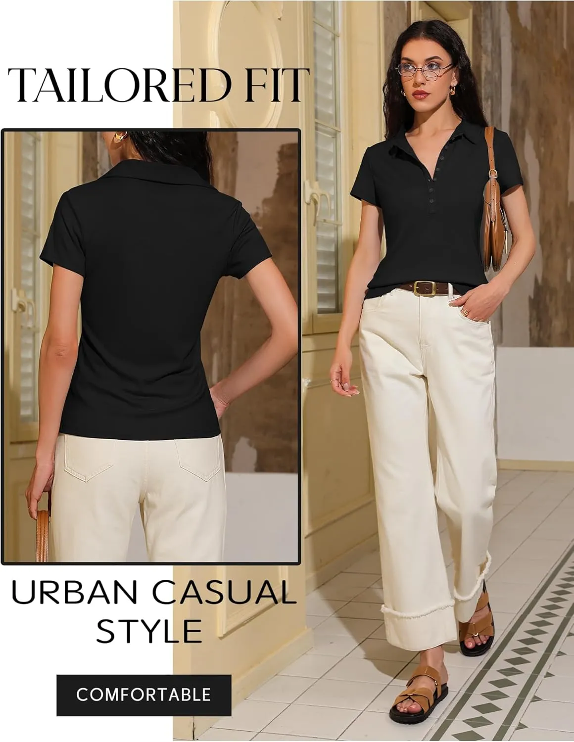 Prettywear Womens Short Sleeve V Neck Polo Shirts Dressy Casual Work Collared Button Summer Slim Fit Tops