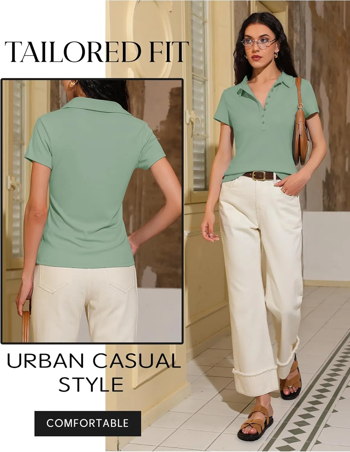 Prettywear Womens Short Sleeve V Neck Polo Shirts Dressy Casual Work Collared Button Summer Slim Fit Tops