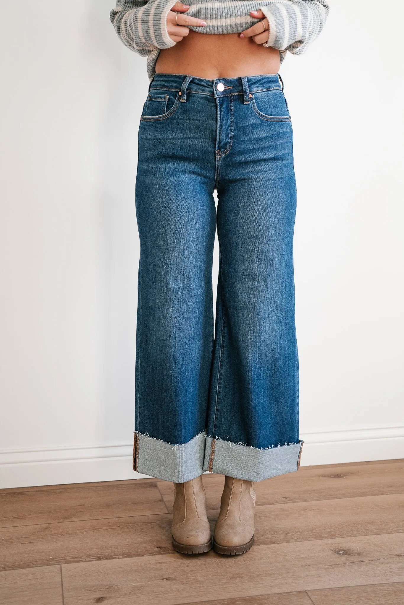 Risen Laney Tummy Control High Rise Wide Cuffed Jeans
