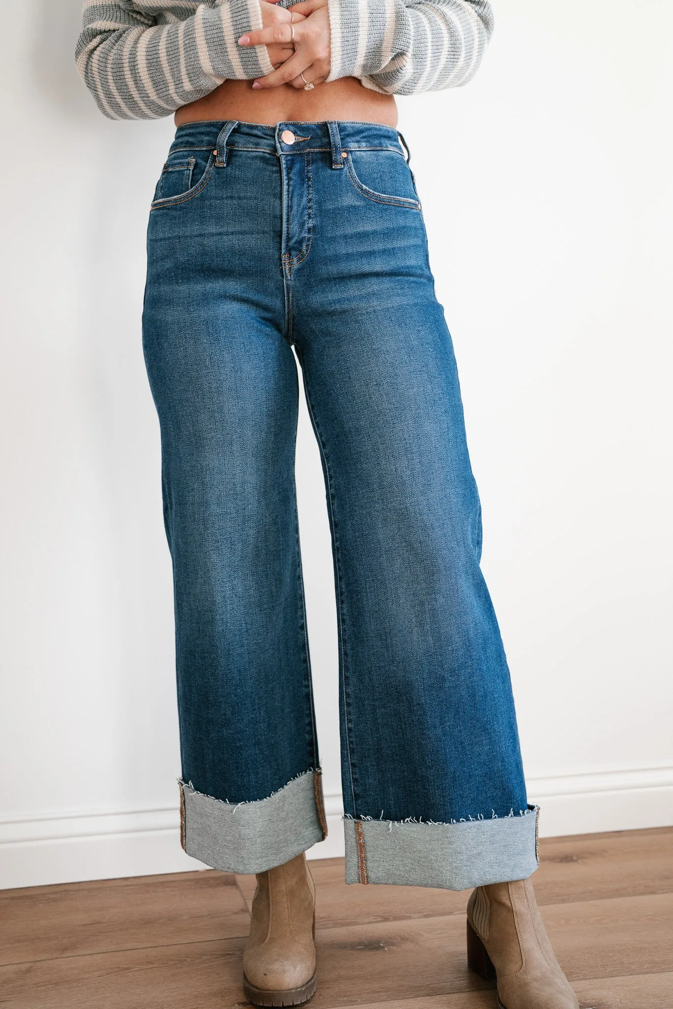 Risen Laney Tummy Control High Rise Wide Cuffed Jeans