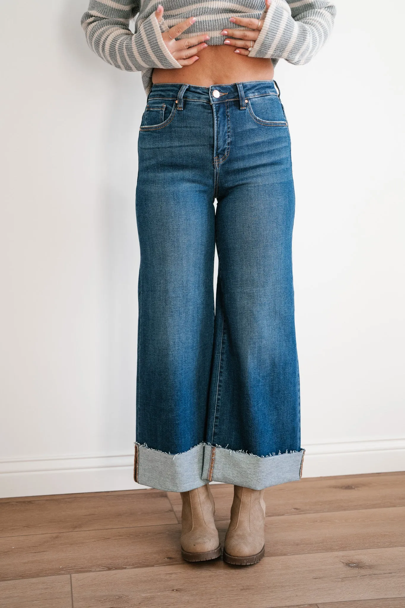Risen Laney Tummy Control High Rise Wide Cuffed Jeans