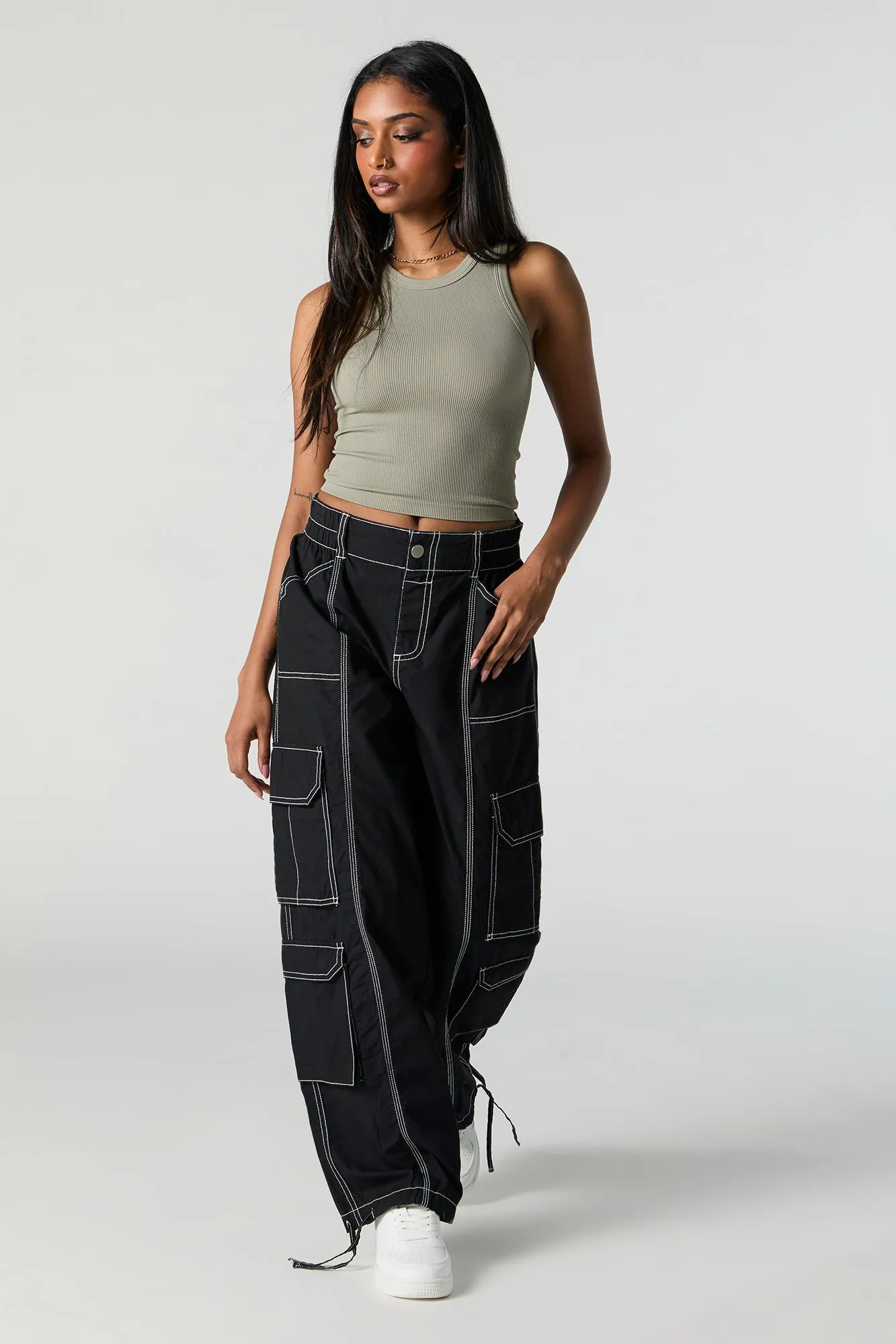 Self Tie Hem Straight Leg Multi Pocket Cargo Pant