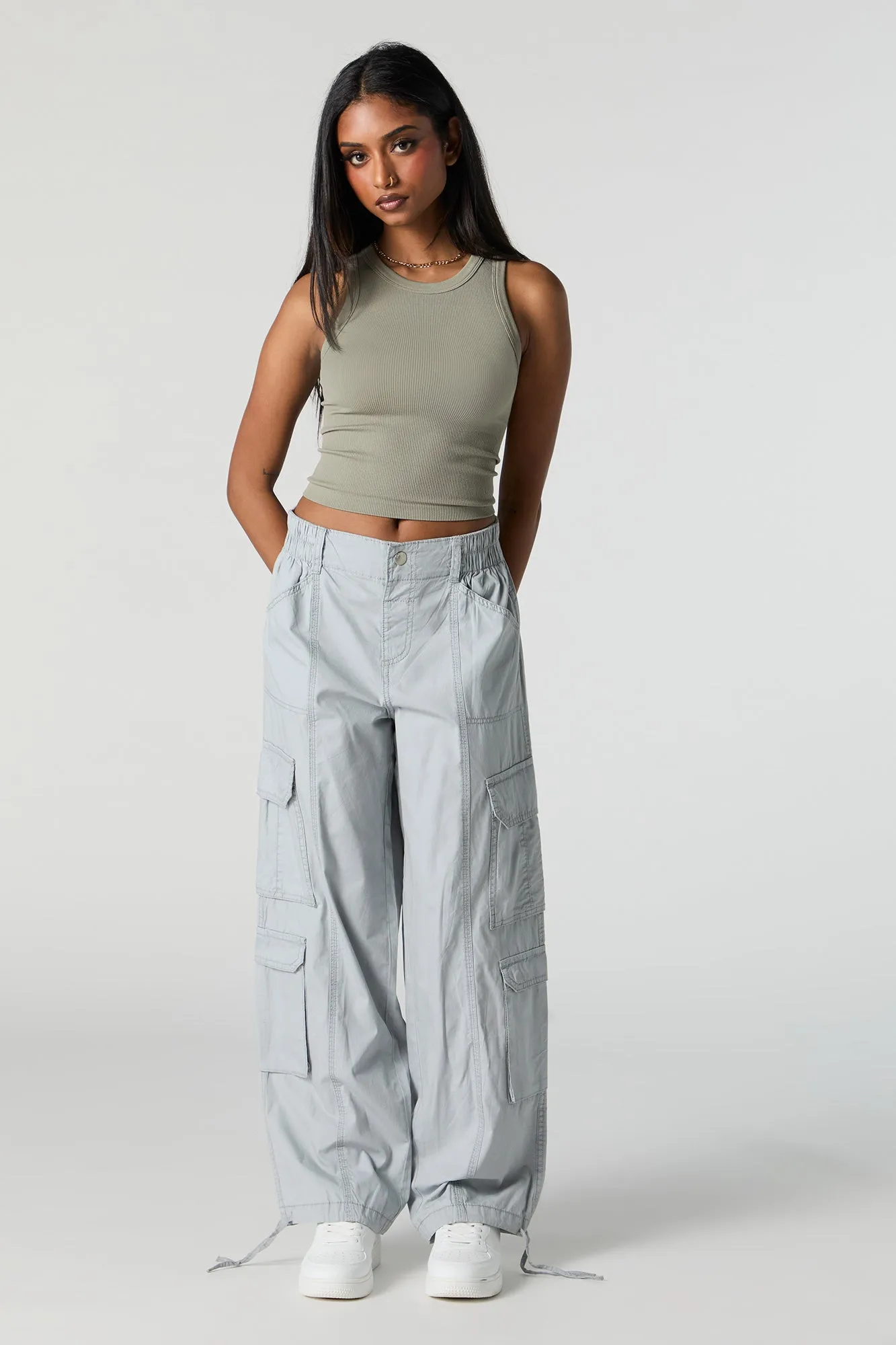 Self Tie Hem Straight Leg Multi Pocket Cargo Pant