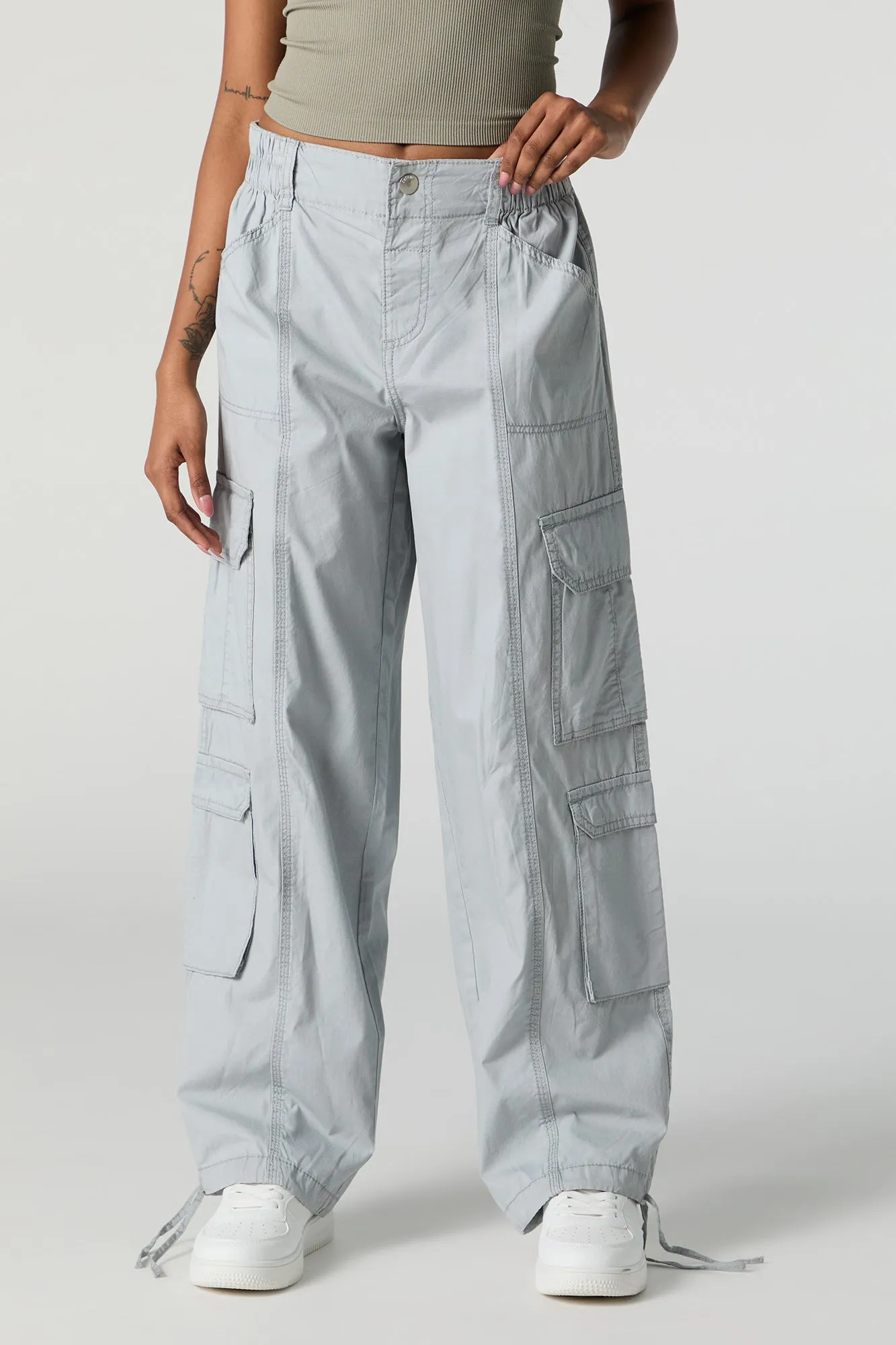 Self Tie Hem Straight Leg Multi Pocket Cargo Pant