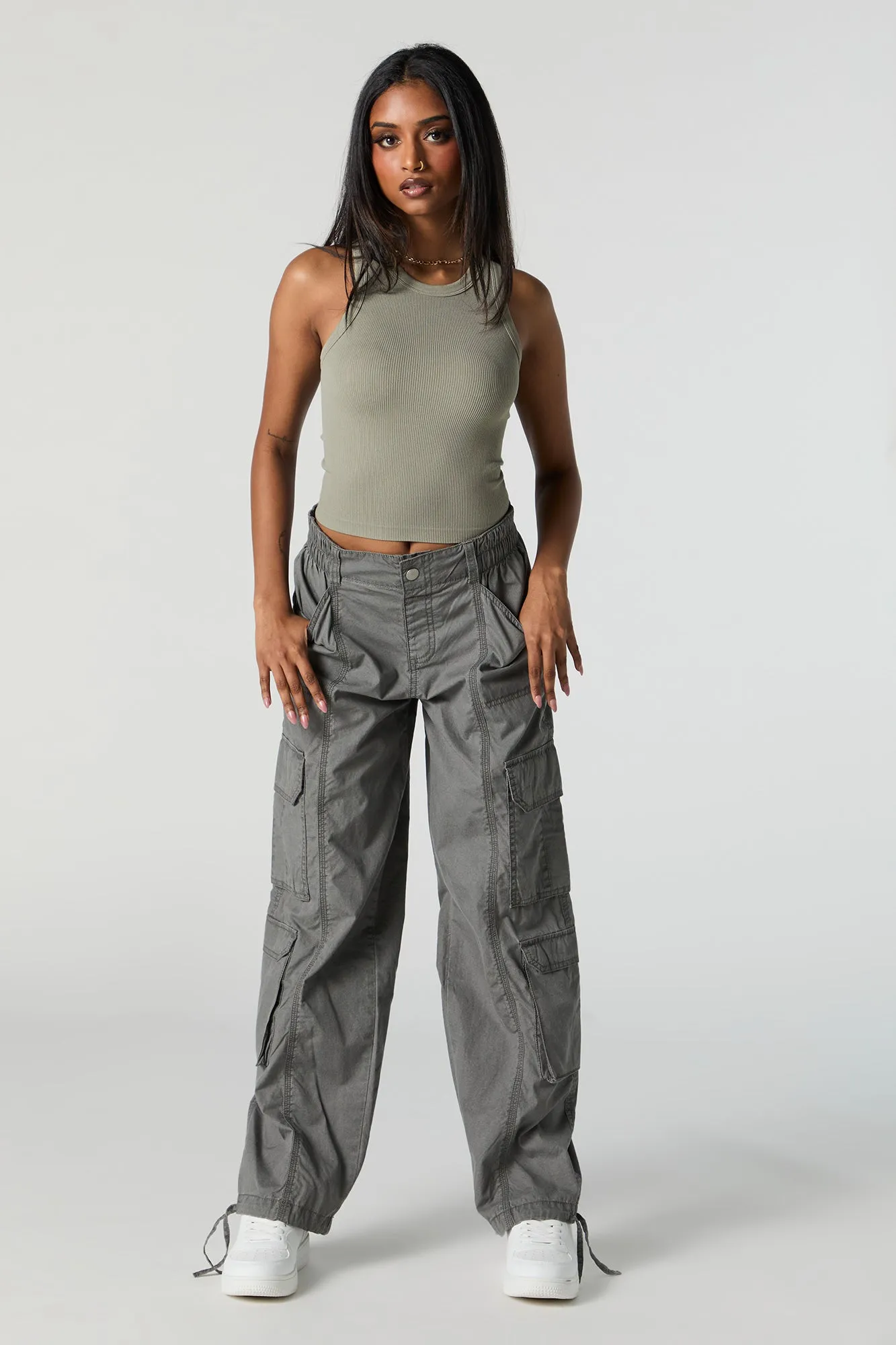 Self Tie Hem Straight Leg Multi Pocket Cargo Pant