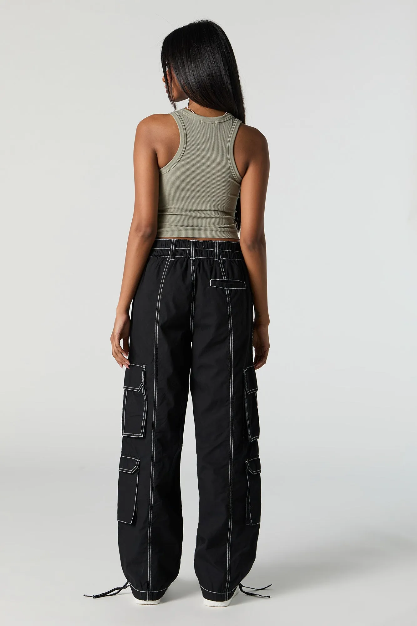 Self Tie Hem Straight Leg Multi Pocket Cargo Pant