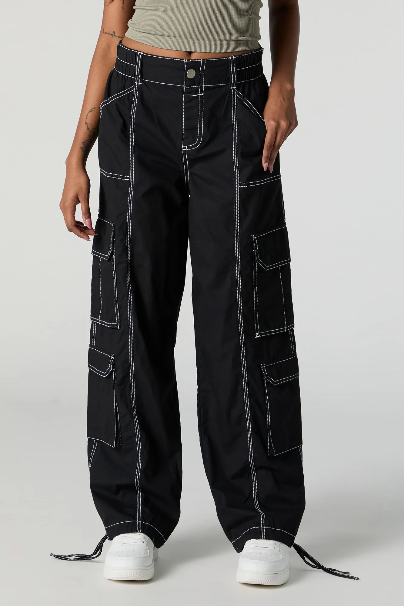 Self Tie Hem Straight Leg Multi Pocket Cargo Pant