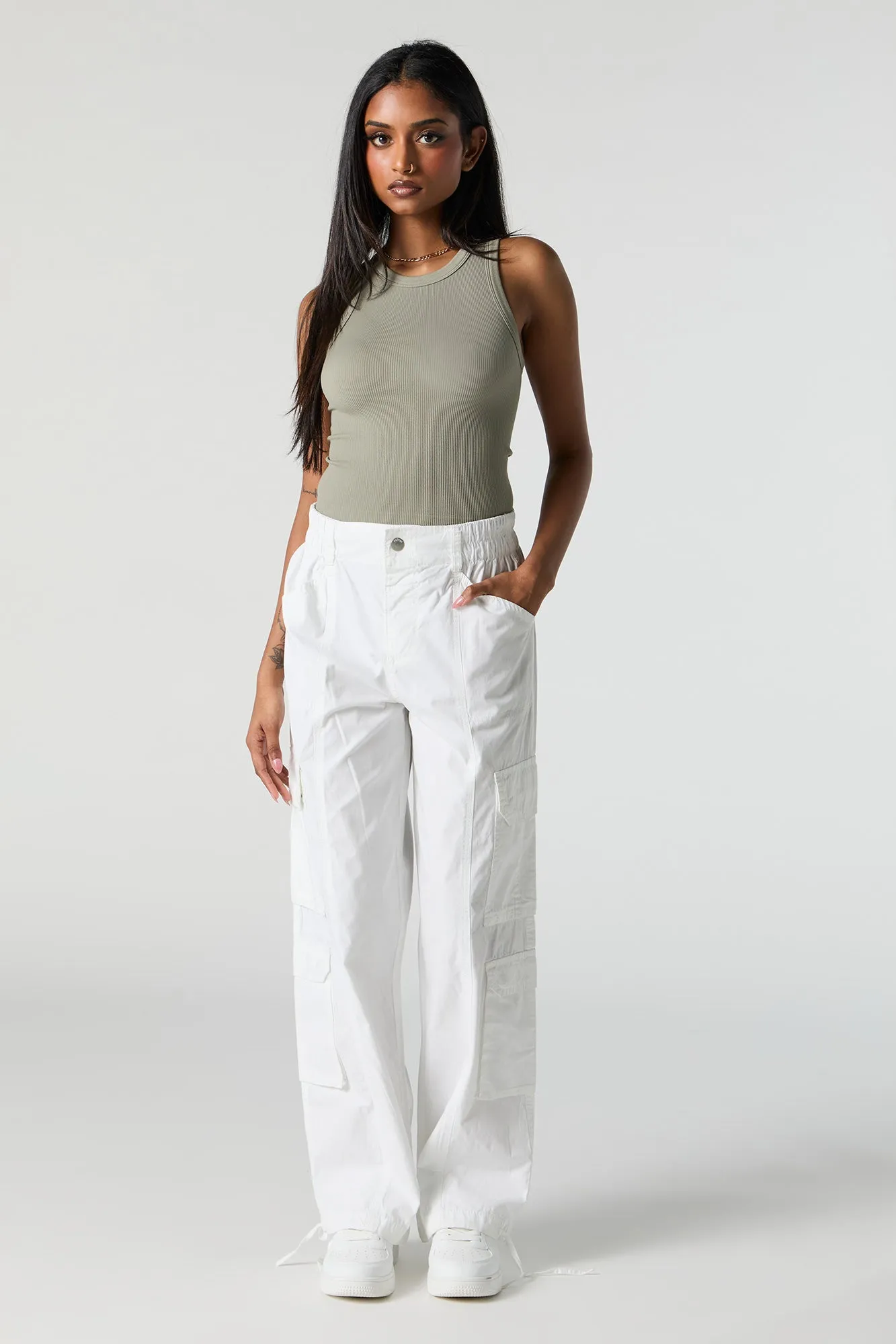 Self Tie Hem Straight Leg Multi Pocket Cargo Pant