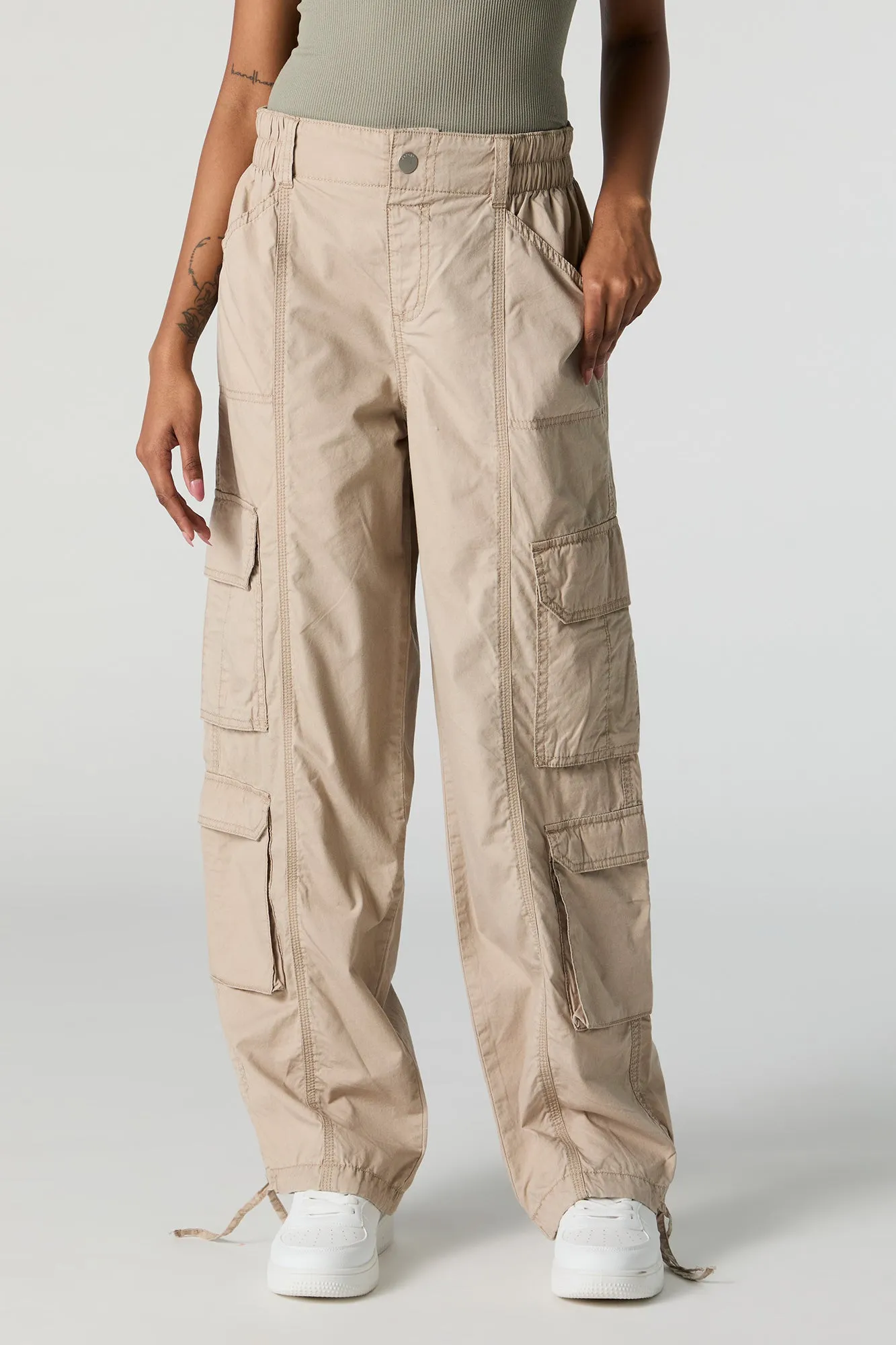 Self Tie Hem Straight Leg Multi Pocket Cargo Pant