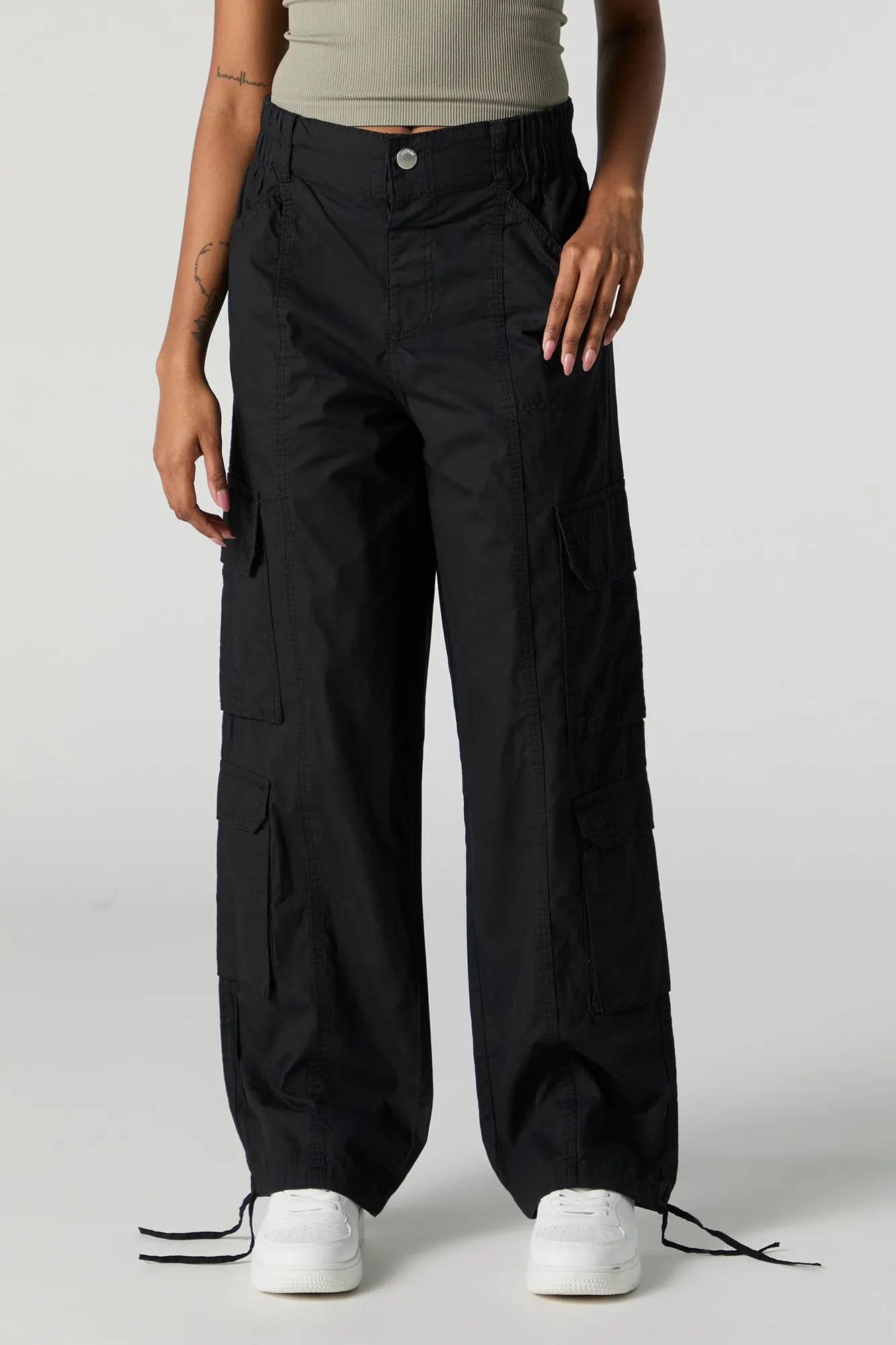 Self Tie Hem Straight Leg Multi Pocket Cargo Pant