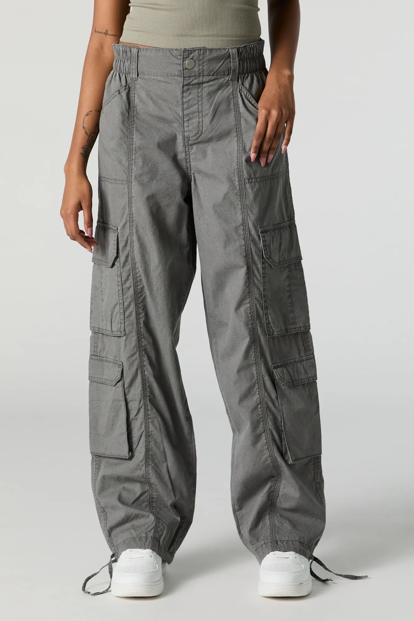Self Tie Hem Straight Leg Multi Pocket Cargo Pant