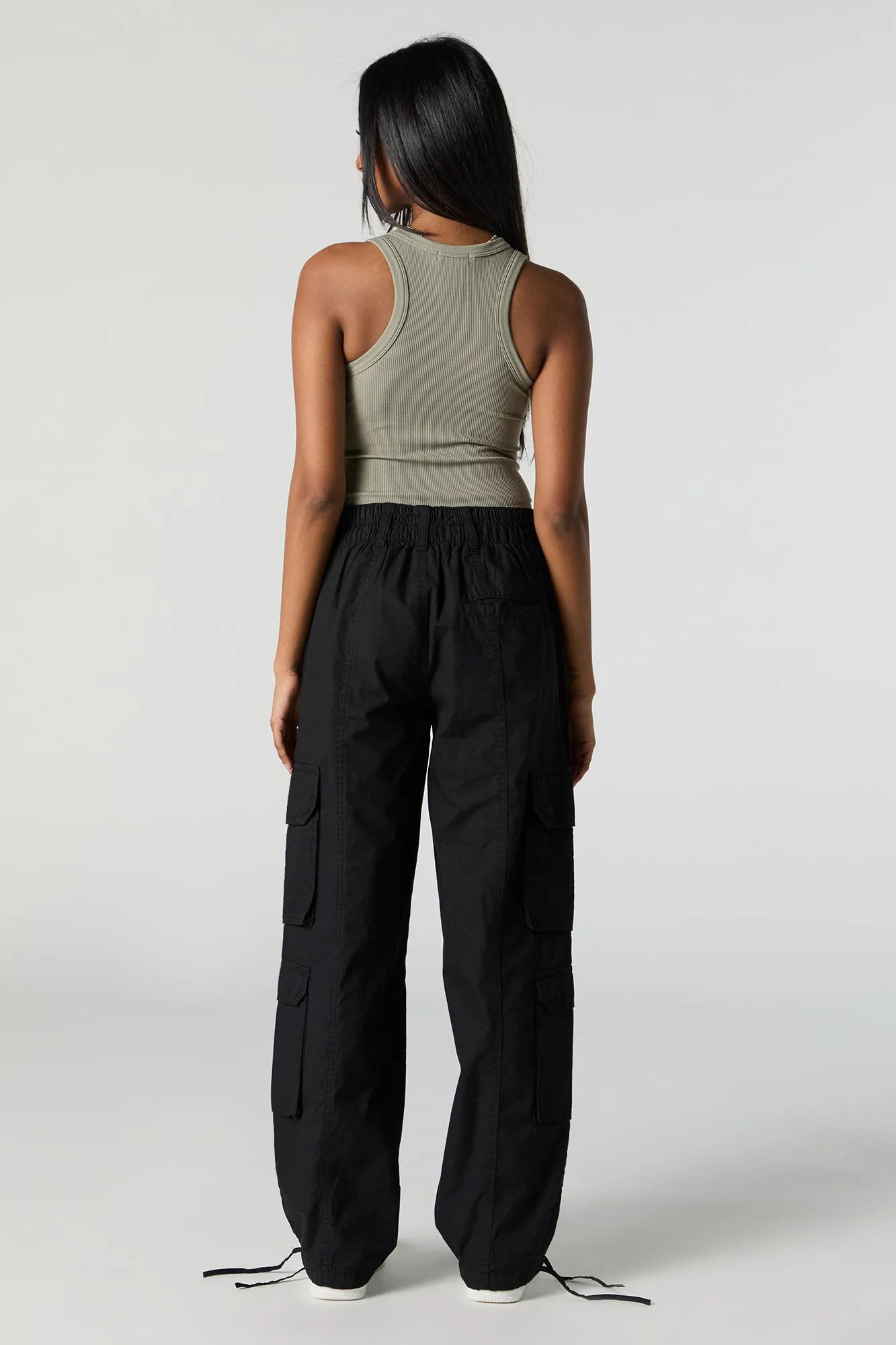 Self Tie Hem Straight Leg Multi Pocket Cargo Pant