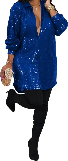 Sequin Dress for Women Long Sleeve V Neck Sparkly Shirt Dresses Birthday Dress Party Dresses