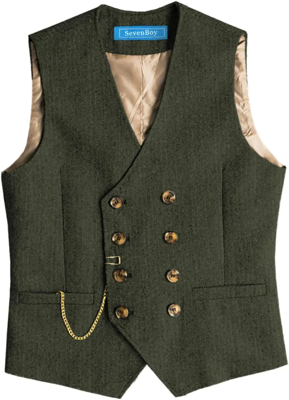 SevenBoy Men's Casual Suit Vest Regular Fit Wool Herringbone Waistcoat For Wedding and Party