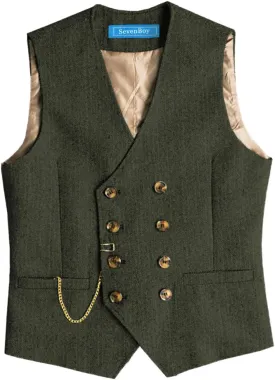 SevenBoy Men's Casual Suit Vest Regular Fit Wool Herringbone Waistcoat For Wedding and Party
