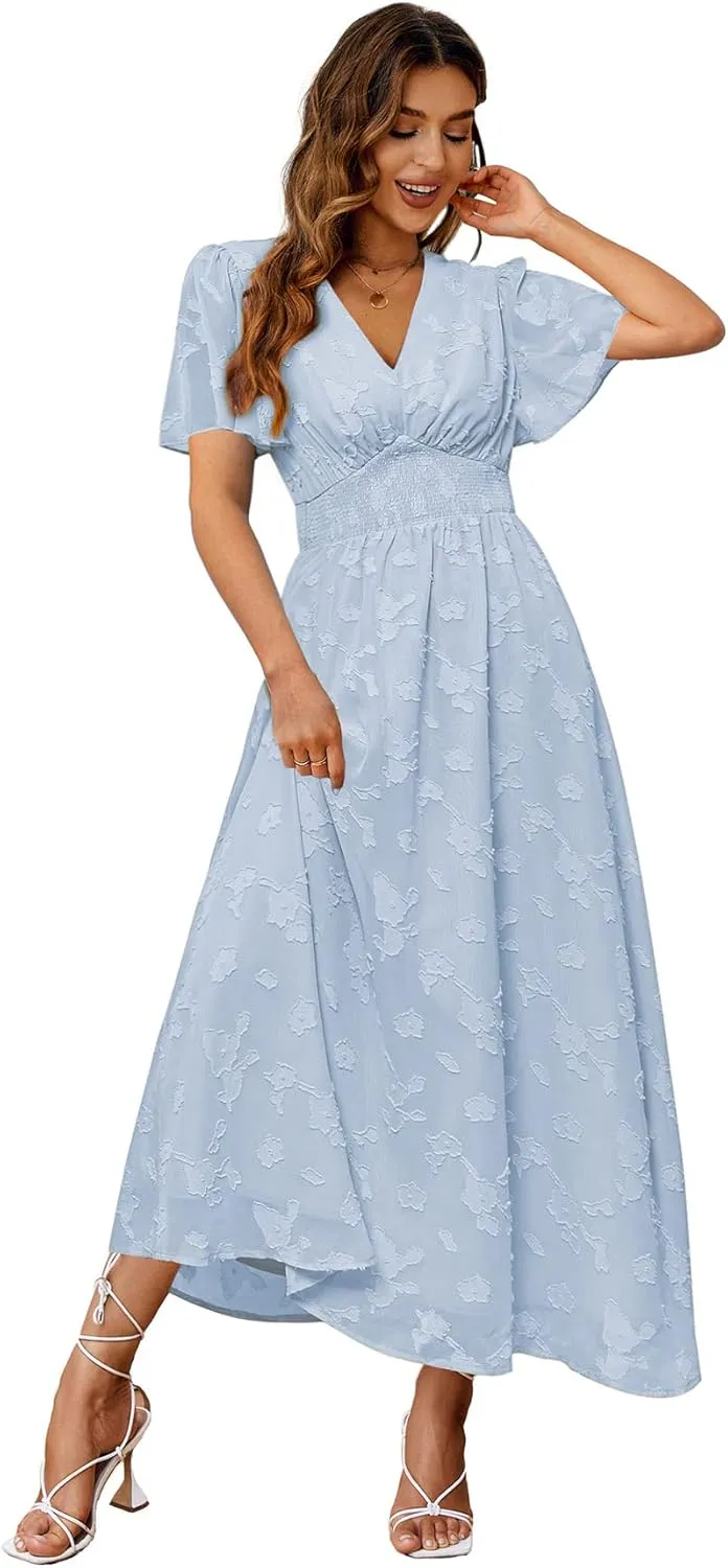 Simplee Women's Boho Floral Maxi Dress Flowy Casual V Neck Short Sleeve Wedding Guest Holiday Beach Long Dress