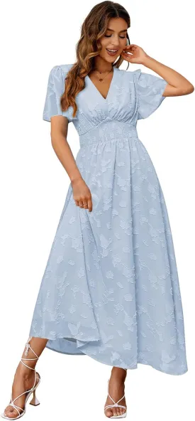 Simplee Women's Boho Floral Maxi Dress Flowy Casual V Neck Short Sleeve Wedding Guest Holiday Beach Long Dress