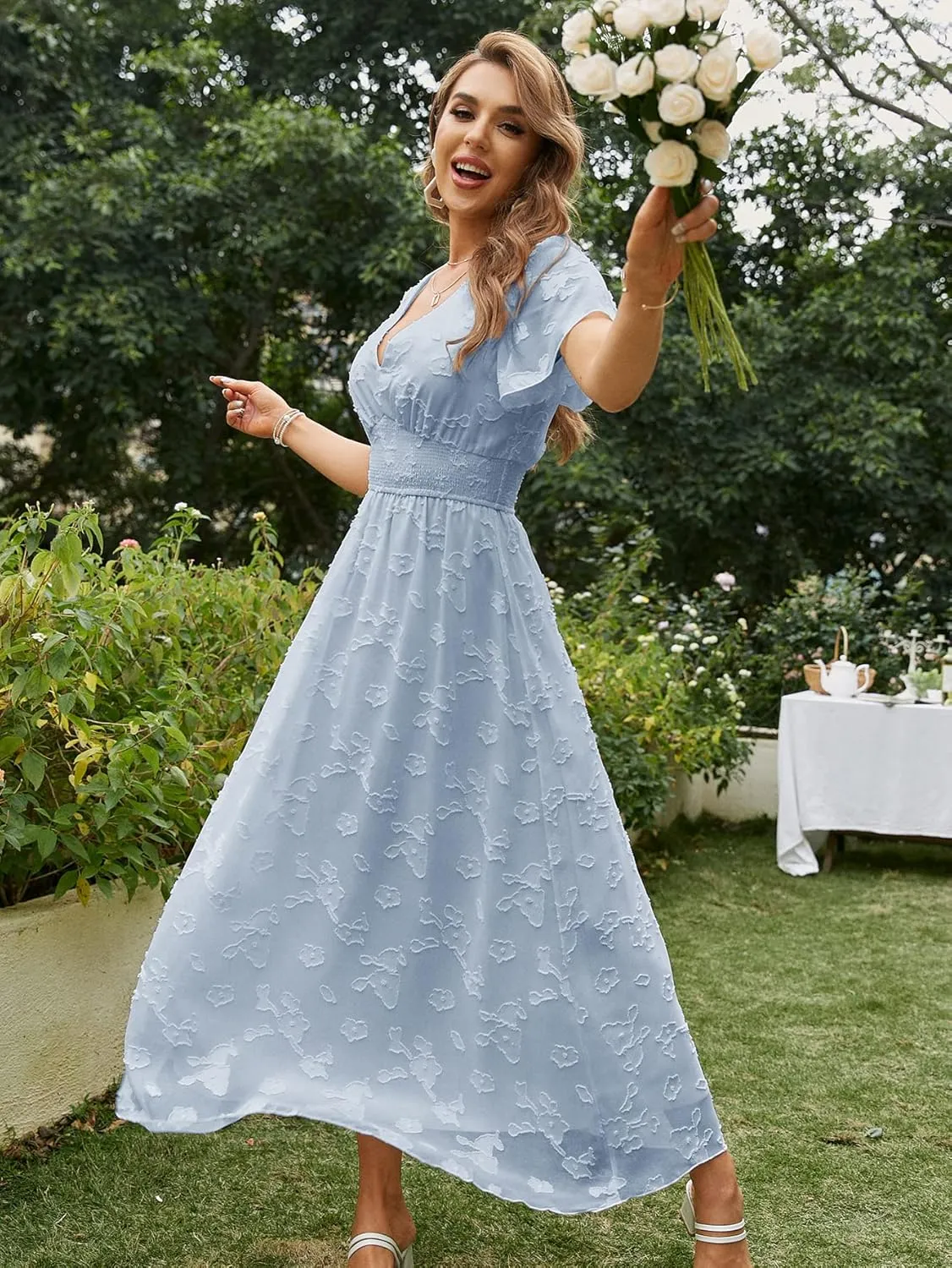 Simplee Women's Boho Floral Maxi Dress Flowy Casual V Neck Short Sleeve Wedding Guest Holiday Beach Long Dress