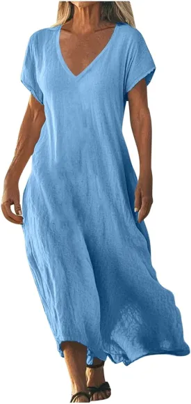 Summer Dresses for Women 2025 Vacation Boho Linen Flowy Dress Casual Short Sleeve v Neck T Shirt Maxi Beach Sundress