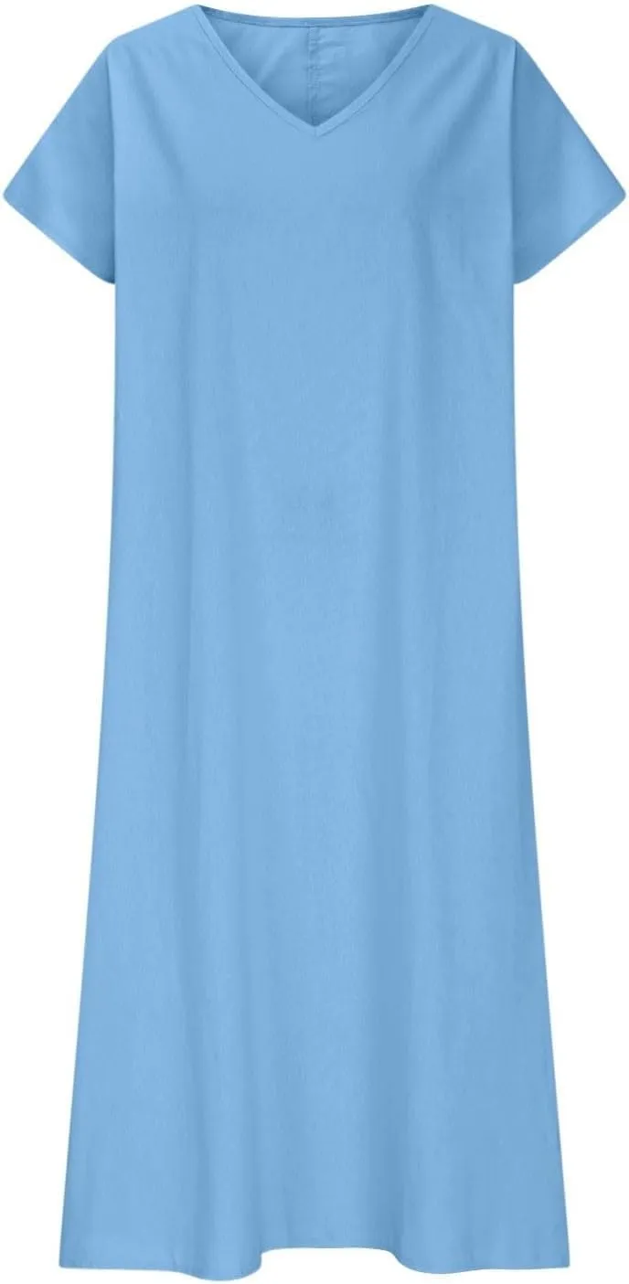 Summer Dresses for Women 2025 Vacation Boho Linen Flowy Dress Casual Short Sleeve v Neck T Shirt Maxi Beach Sundress
